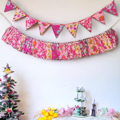 Party Pink Streamer Combo - Pink Banner Bunting + Pink Fringe Streamer Garland (Pack of 2) – Wall Decor on Brown Living™. SKU: UMW - COMBO - BUNT - Pink - 01. Img 1.