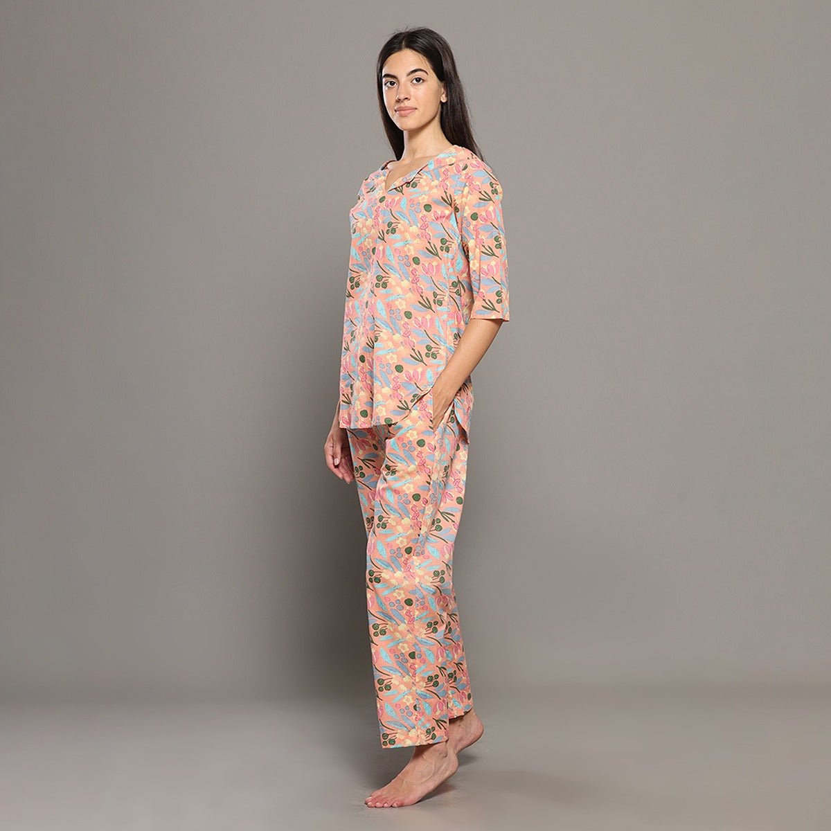 Peach Cotton Floral Kurta Set – Loungewear | Verified Sustainable by Brown Living™