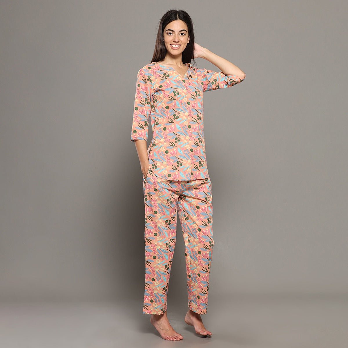 Peach Cotton Floral Kurta Set – Loungewear | Verified Sustainable by Brown Living™