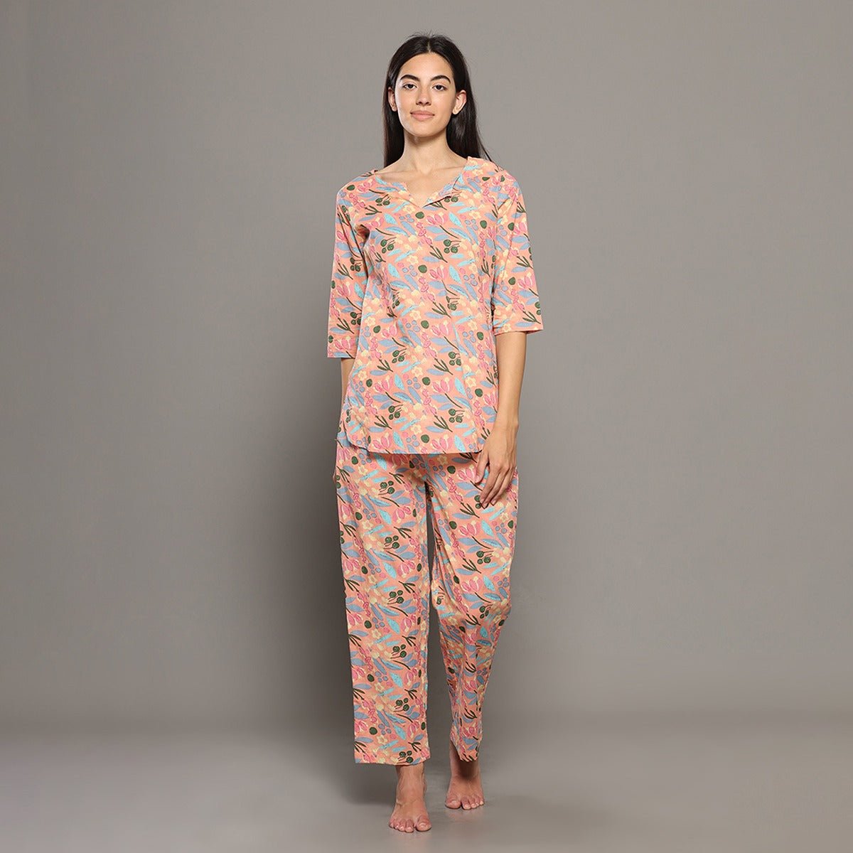 Peach Cotton Floral Kurta Set – Loungewear | Verified Sustainable by Brown Living™