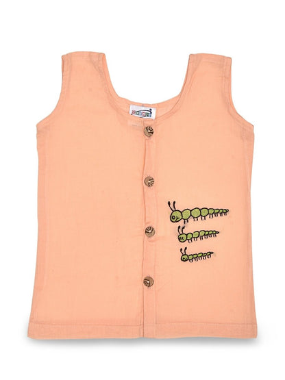 Peach Cotton Front Open Jabla - Caterpillar Design Hand Embroidery | Verified Sustainable by Brown Living™