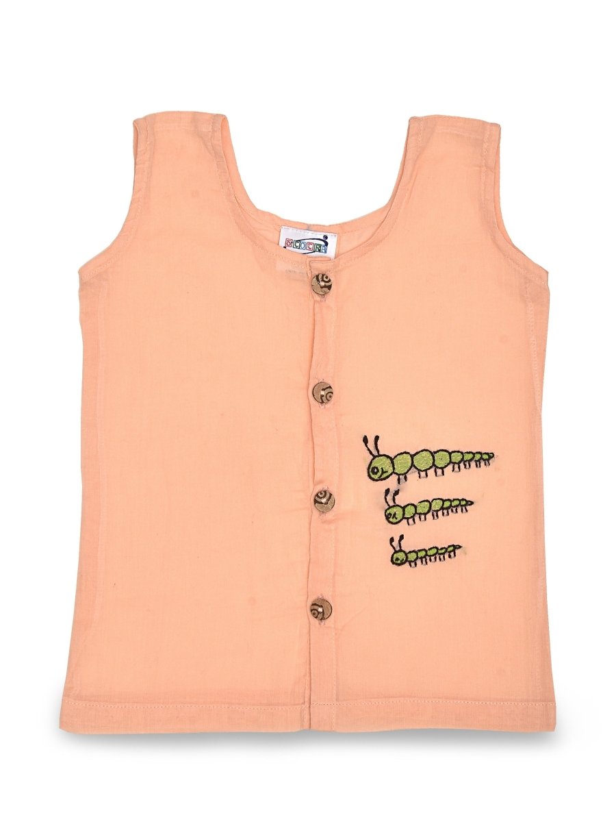 Peach Cotton Front Open Jabla - Caterpillar Design Hand Embroidery | Verified Sustainable by Brown Living™