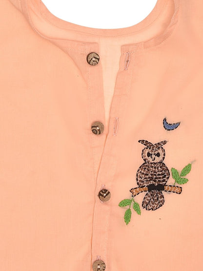 Peach Cotton Front Open Jabla - Owl Design Hand Embroidery | Verified Sustainable by Brown Living™