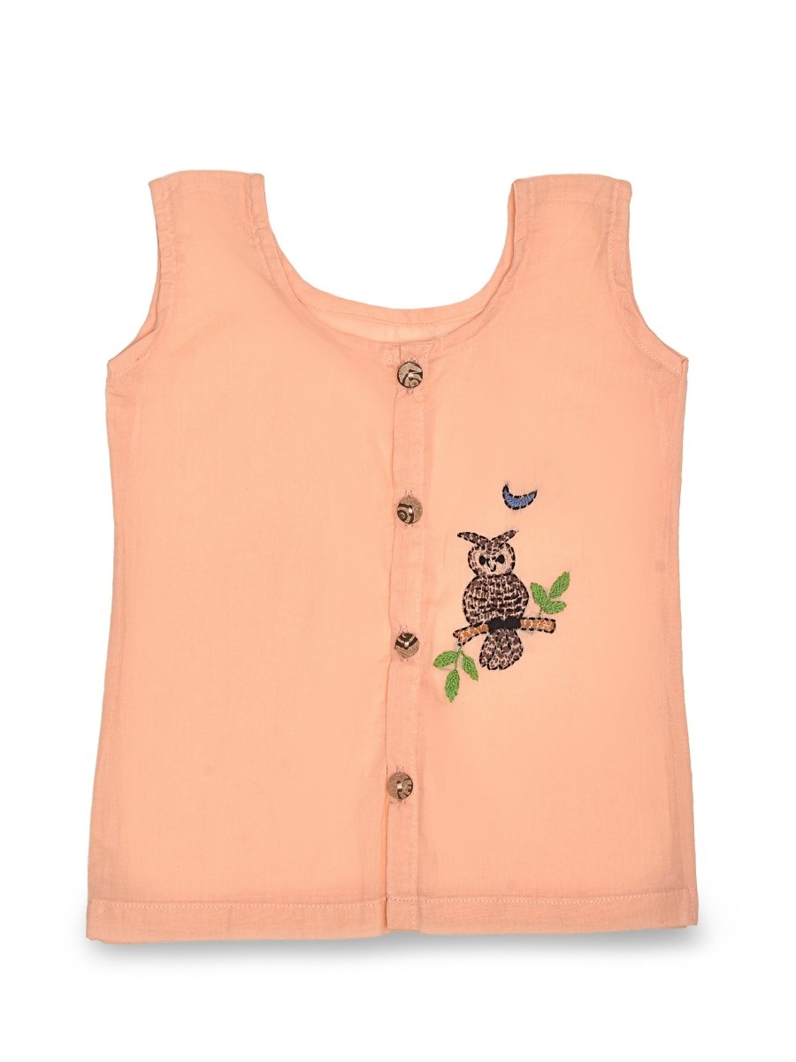 Peach Cotton Front Open Jabla - Owl Design Hand Embroidery | Verified Sustainable by Brown Living™