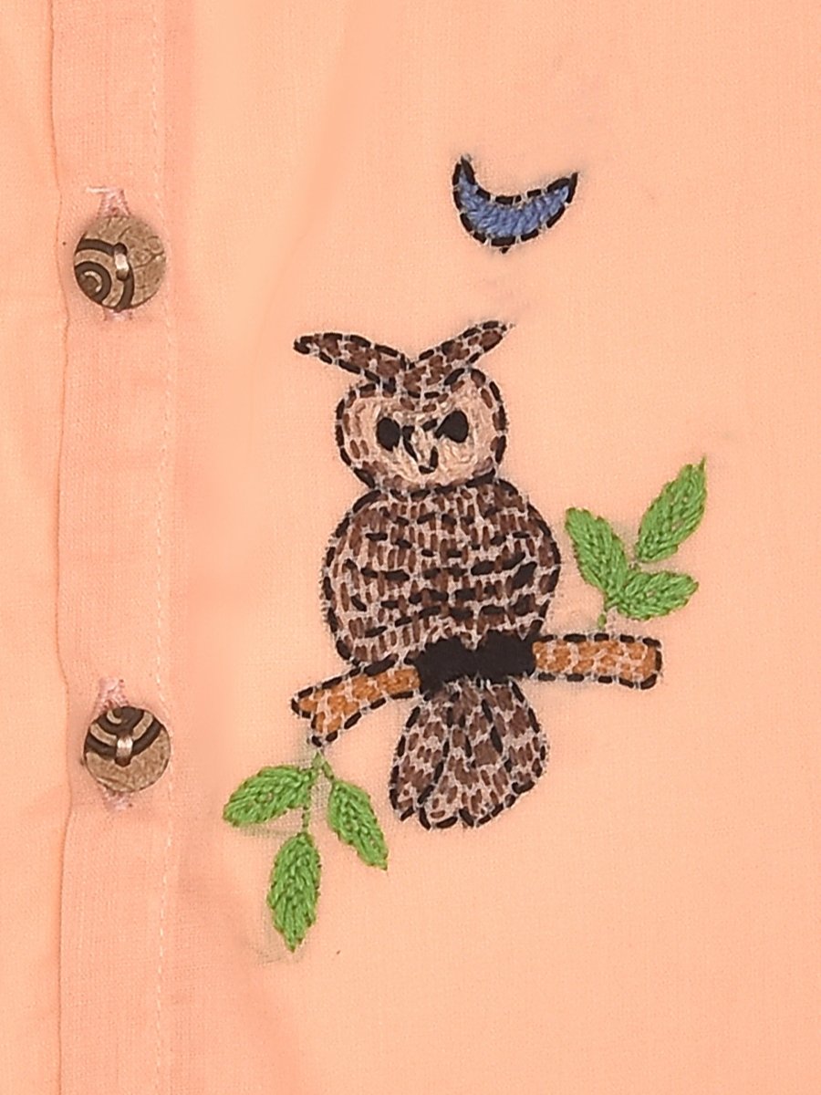 Peach Cotton Front Open Jabla - Owl Design Hand Embroidery | Verified Sustainable by Brown Living™