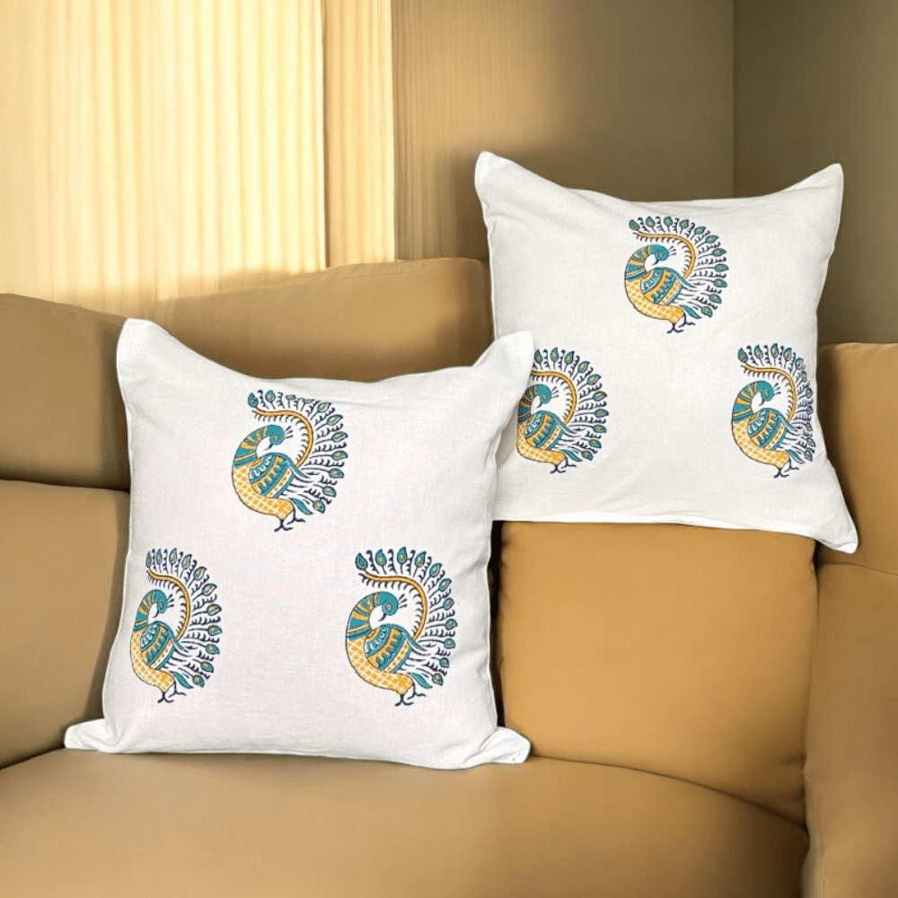 Peacock Cotton Cushion Covers – Set of 2 – 16x16 – Handblock with Zipper | Verified Sustainable by Brown Living™