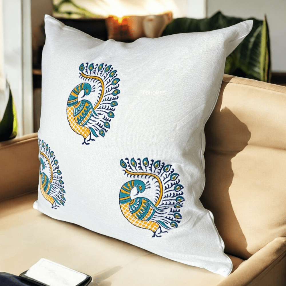 Peacock Cotton Cushion Covers – Set of 2 – 16x16 – Handblock with Zipper | Verified Sustainable by Brown Living™