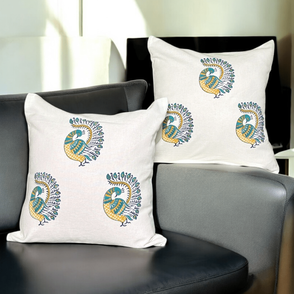 Peacock Cotton Cushion Covers – Set of 2 – 16x16 – Handblock with Zipper | Verified Sustainable by Brown Living™