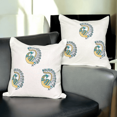 Peacock Cotton Cushion Covers With Zip – Set of 2 – 16x16 – Covers & Inserts on Brown Living™. SKU: CUSBLUPEAK16162. Img 2.