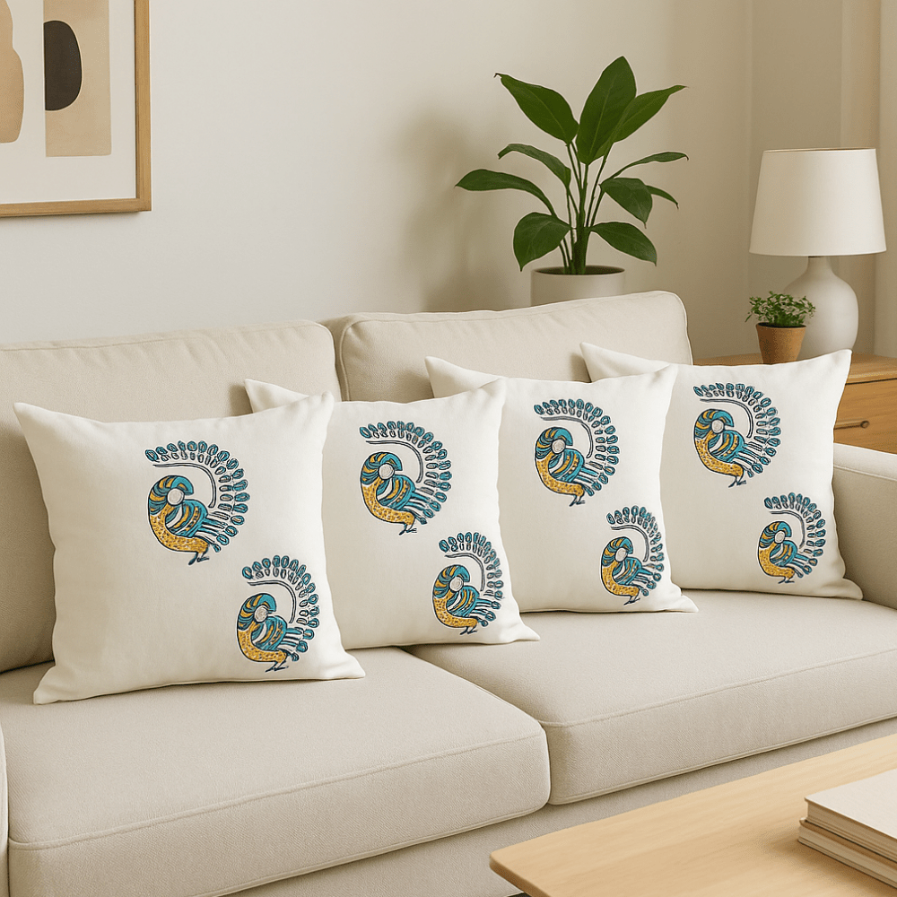 Peacock Cotton Cushion Covers – Set of 4 – 16x16 – Handmade Block Print | Verified Sustainable by Brown Living™