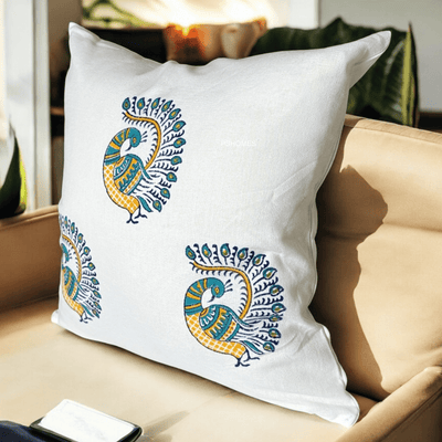 Peacock Cotton Cushion Covers – Set of 4 – 16x16 – Block Print – Covers & Inserts on Brown Living™. SKU: CUSBLUPEAK16164. Img 16.