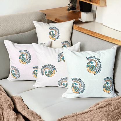 Peacock Cotton Cushion Covers – Set of 4 – 16x16 – Handmade Block Print | Verified Sustainable by Brown Living™