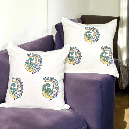 Peacock Cotton Cushion Covers – Set of 4 – 16x16 – Handmade Block Print | Verified Sustainable by Brown Living™