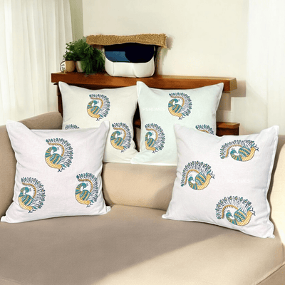 Peacock Cotton Cushion Covers – Set of 4 – 16x16 – Block Print – Covers & Inserts on Brown Living™. SKU: CUSBLUPEAK16164. Img 13.
