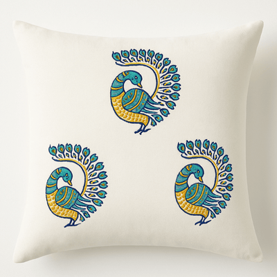 Peacock Cotton Cushion Covers – Set of 4 – 16x16 – Block Print – Covers & Inserts on Brown Living™. SKU: CUSBLUPEAK16164. Img 10.