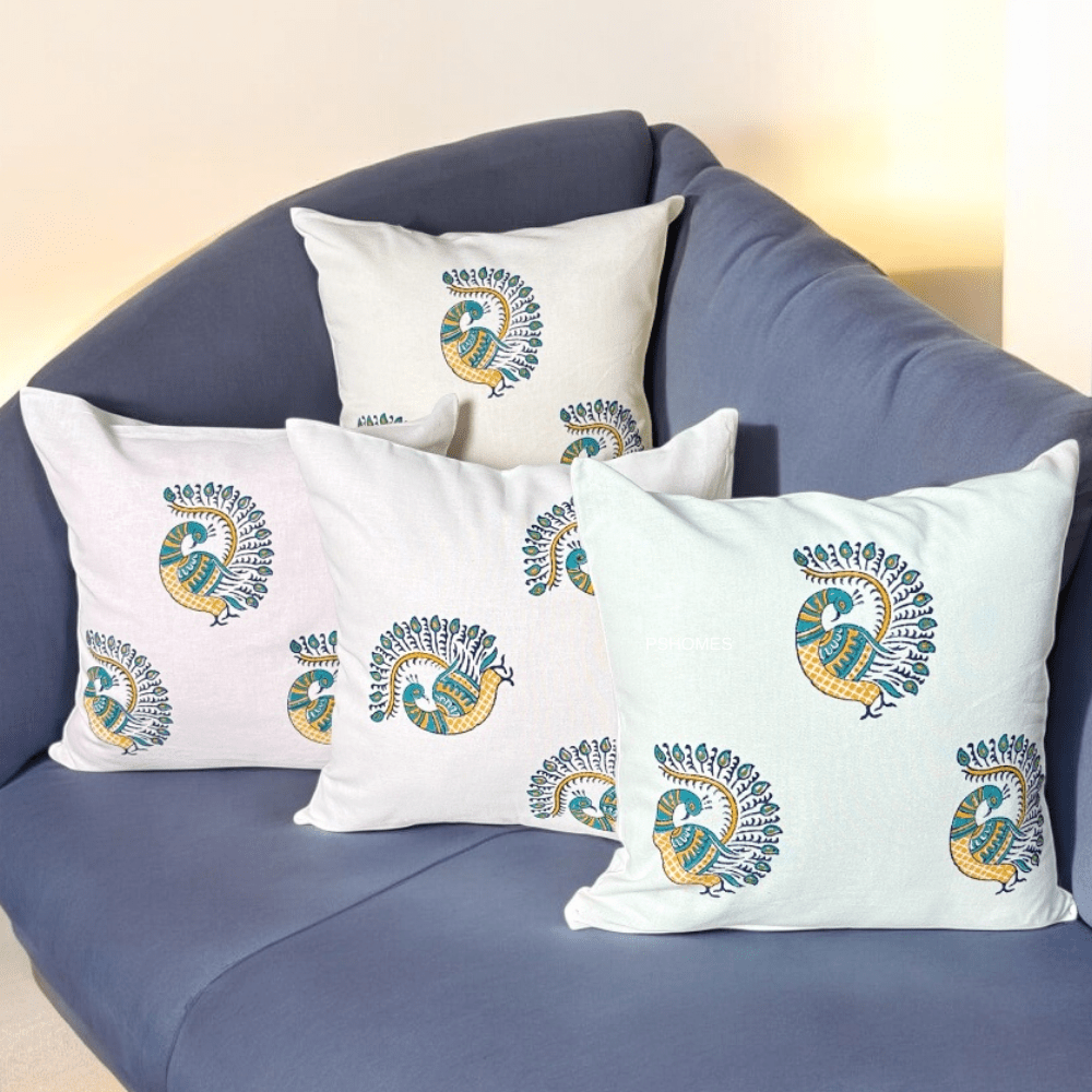 Peacock Cotton Cushion Covers – Set of 4 – 16x16 – Handmade Block Print | Verified Sustainable by Brown Living™
