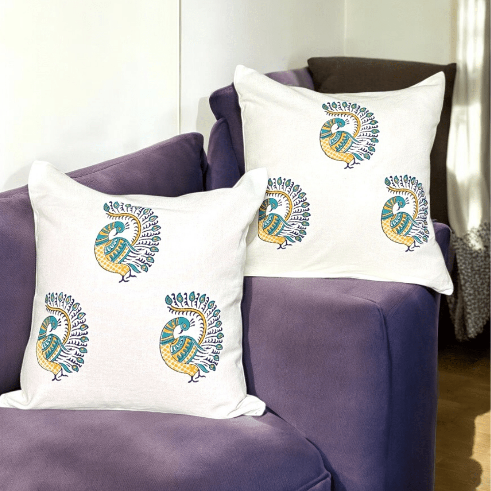 Peacock Cotton Cushion Covers – Set of 4 – 16x16 – Handmade Block Print | Verified Sustainable by Brown Living™
