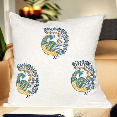 Peacock Cotton Cushion Covers – Set of 4 – 16x16 – Block Print – Covers & Inserts on Brown Living™. SKU: CUSBLUPEAK16164. Img 14.
