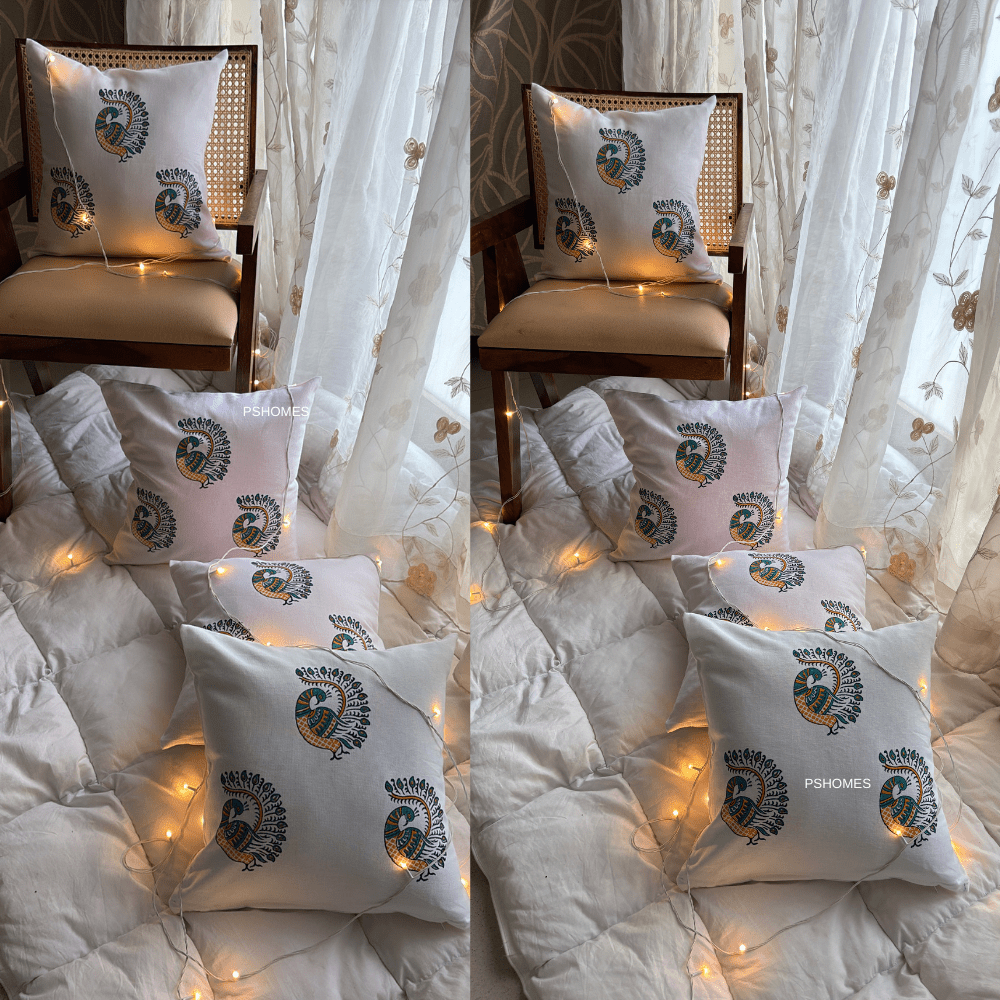 Peacock Cotton Cushion Covers – Set of 4 – 16x16 – Handmade Block Print | Verified Sustainable by Brown Living™