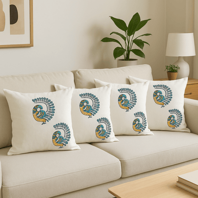 Peacock Cotton Cushion Covers – Set of 4 – 16x16 – Block Print – Covers & Inserts on Brown Living™. SKU: CUSBLUPEAK16164. Img 9.