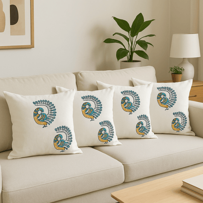 Peacock Cotton Cushion Covers – Set of 4 – 16x16 – Handmade Block Print | Verified Sustainable by Brown Living™