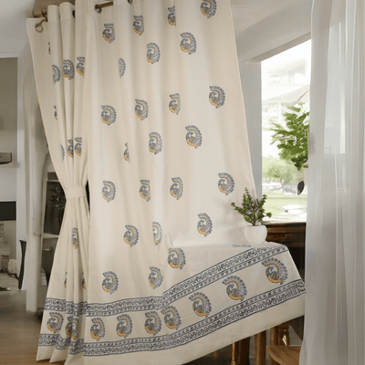 Peacock Print Cotton Door Curtain 7x4 Feet (Set of 2) – Curtains on Brown Living™. SKU: CURPEAK7FEET. Img 1.
