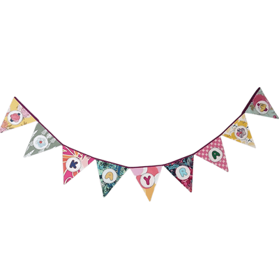 Personalized Name Banner with Cupcake & Flower Motifs (Triangle Flag) – Wall Decor on Brown Living™. SKU: UMW - BUNTING - CPCKFLR - 01. Img 1.