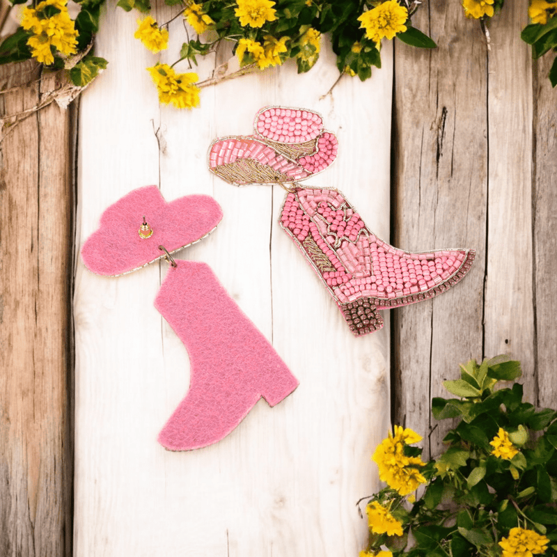 Pink Beaded Cowboy Boot and Hat Statement Earrings | Verified Sustainable by Brown Living™