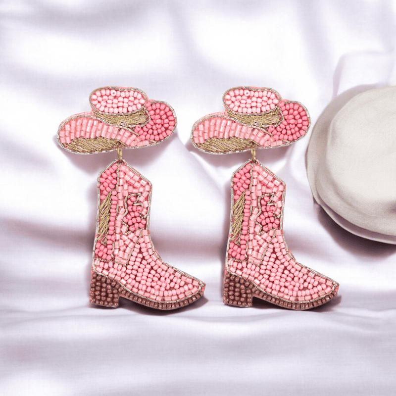 Pink Beaded Cowboy Boot and Hat Statement Earrings | Verified Sustainable by Brown Living™