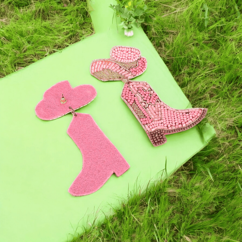 Pink Beaded Cowboy Boot and Hat Statement Earrings | Verified Sustainable by Brown Living™