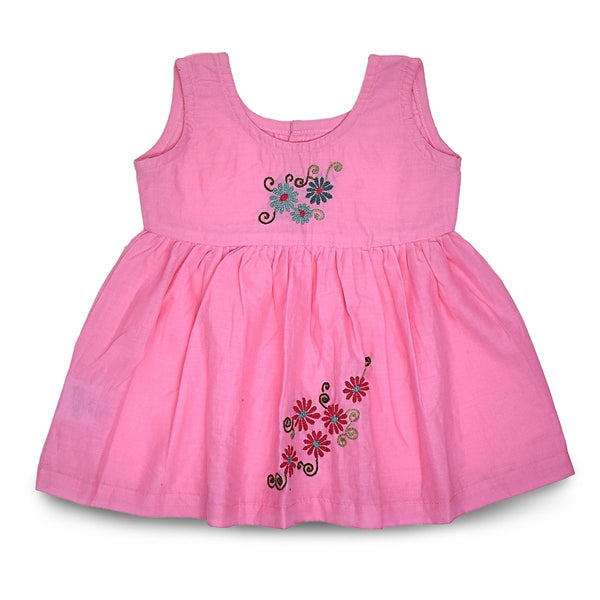 Pink Cotton Baby Dress with Daisy Design Hand Embroidery | Verified Sustainable by Brown Living™