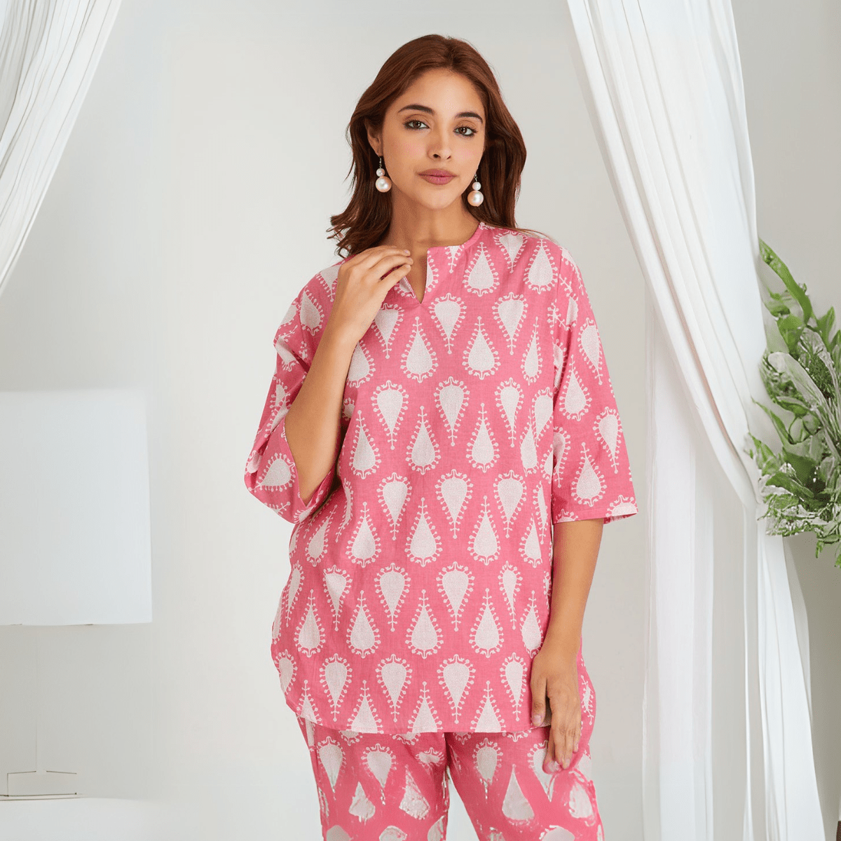 Pink Cotton Butta Printed Kurta & Pant Co - ord Set – Loungewear | Verified Sustainable by Brown Living™