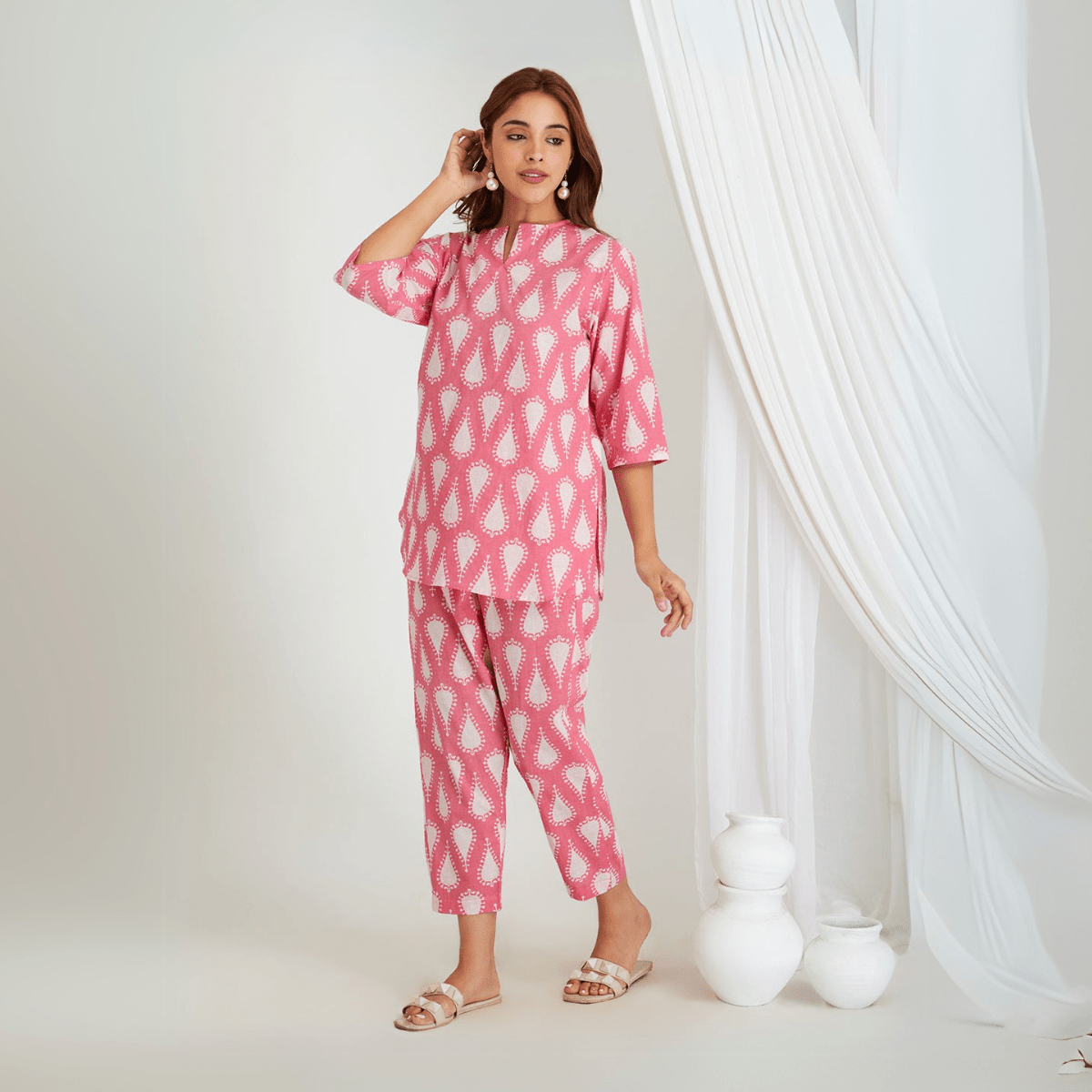 Pink Cotton Butta Printed Kurta & Pant Co - ord Set – Loungewear | Verified Sustainable by Brown Living™