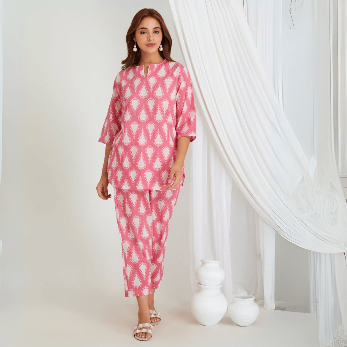 Pink Cotton Butta Printed Kurta & Pant Co - ord Set – Loungewear | Verified Sustainable by Brown Living™