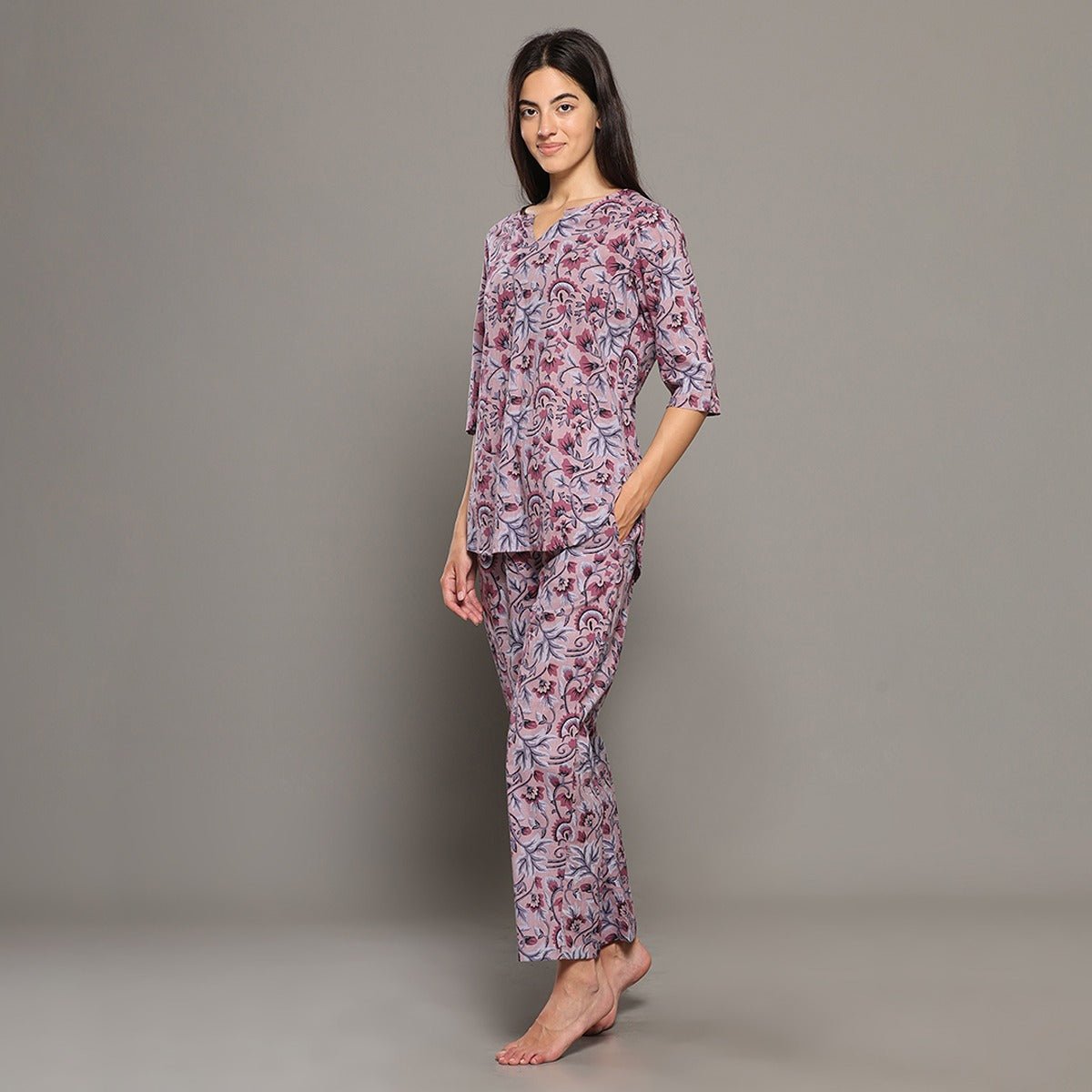 Pink Cotton Floral Kurta Set – Loungewear | Verified Sustainable by Brown Living™