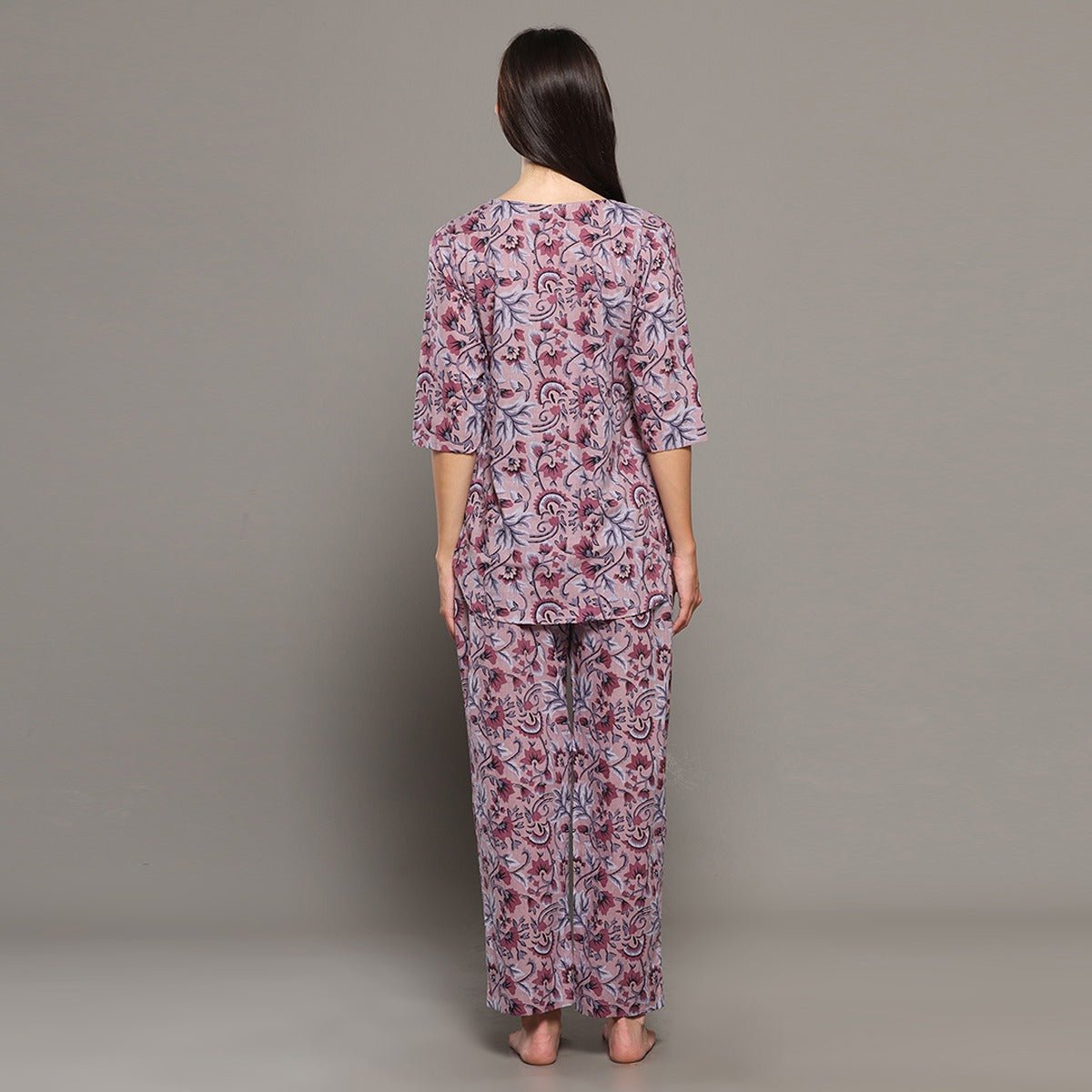 Pink Cotton Floral Kurta Set – Loungewear | Verified Sustainable by Brown Living™