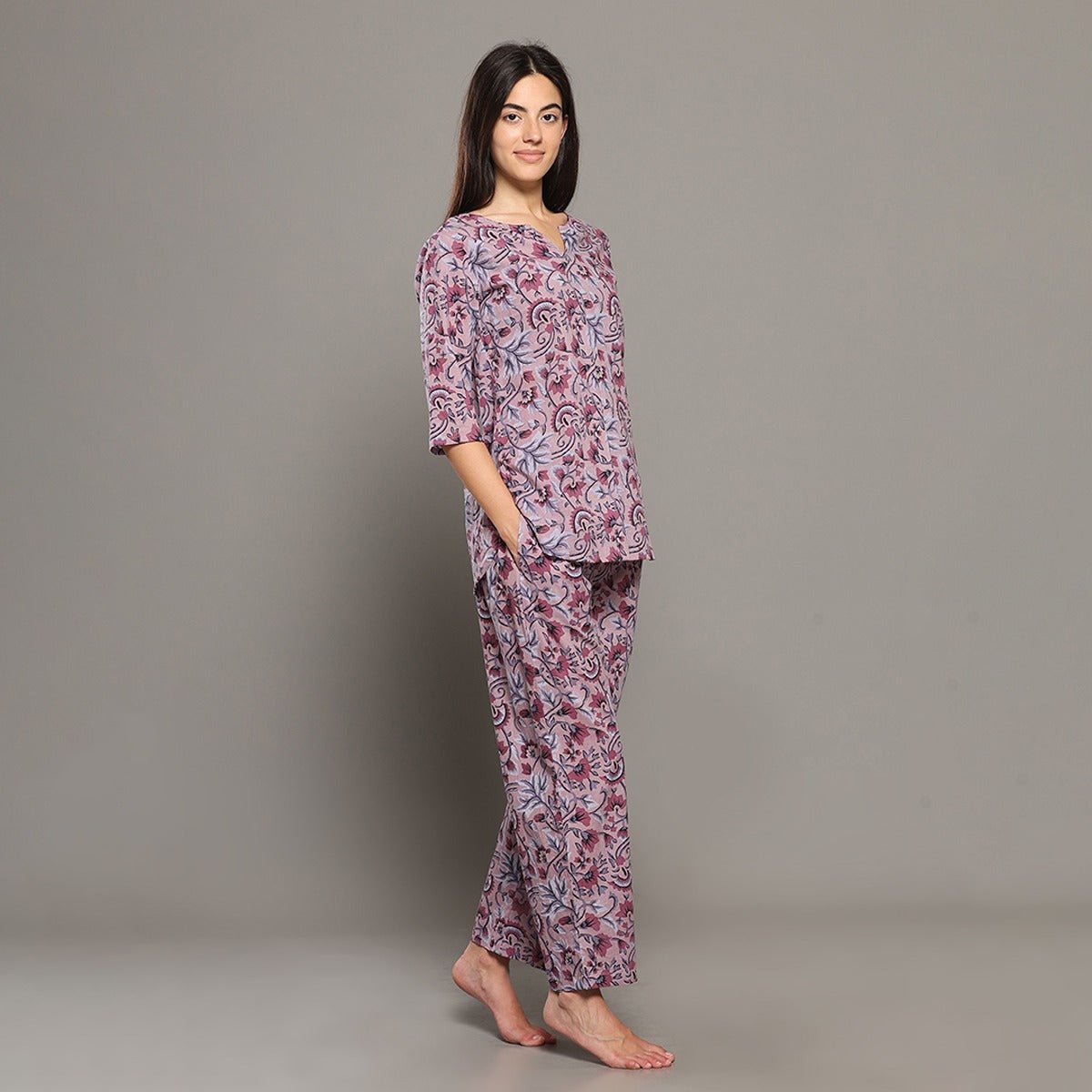 Pink Cotton Floral Kurta Set – Loungewear | Verified Sustainable by Brown Living™