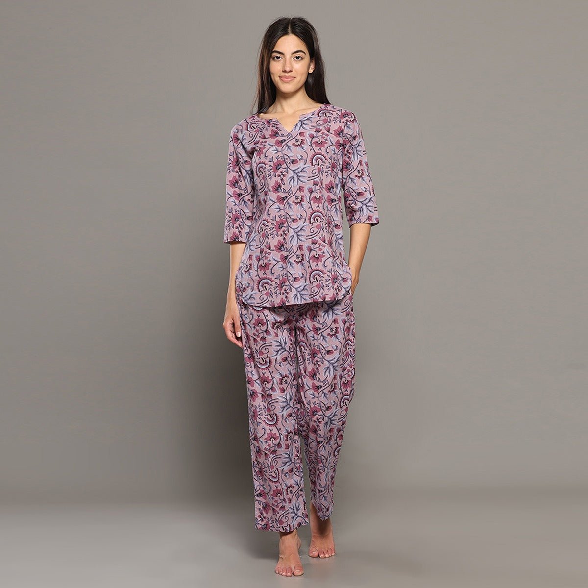 Pink Cotton Floral Kurta Set – Loungewear | Verified Sustainable by Brown Living™