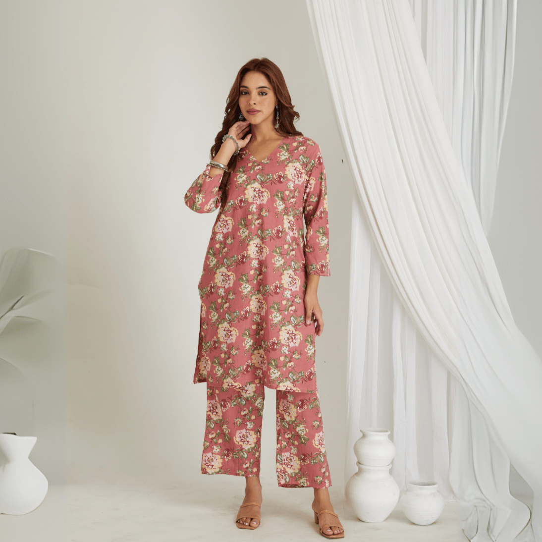 Pink Cotton Floral Printed Kurta & Pant Co - ord Set – Loungewear | Verified Sustainable by Brown Living™