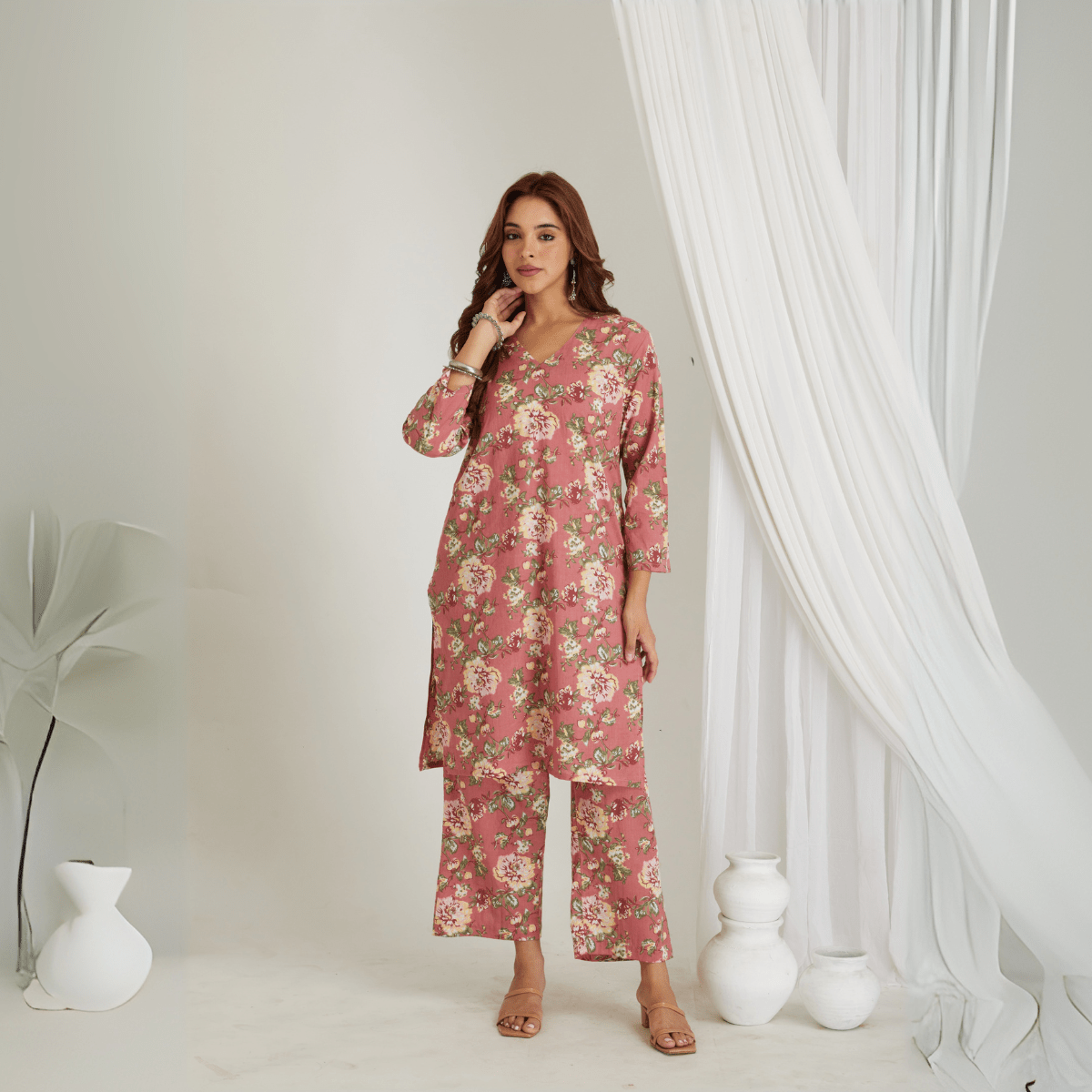 Pink Cotton Floral Printed Kurta & Pant Co - ord Set – Loungewear | Verified Sustainable by Brown Living™