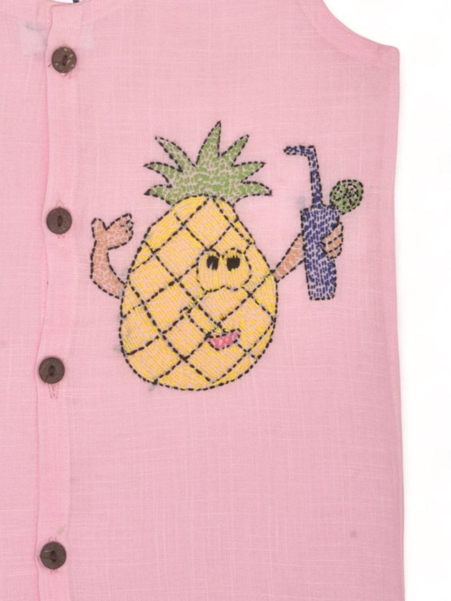 Pink Cotton Front Open Jabla - Pineapple Design Hand Embroidery | Verified Sustainable by Brown Living™