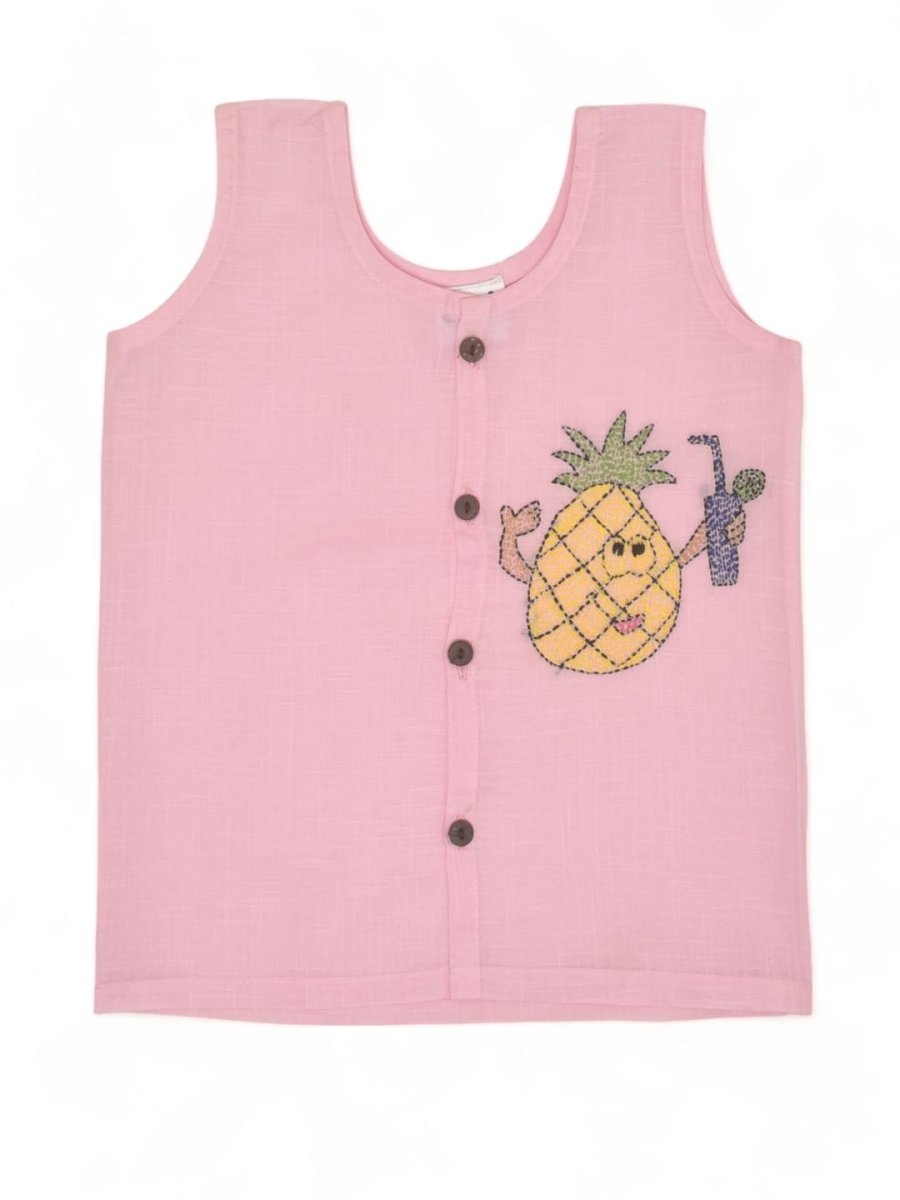 Pink Cotton Front Open Jabla - Pineapple Design Hand Embroidery | Verified Sustainable by Brown Living™