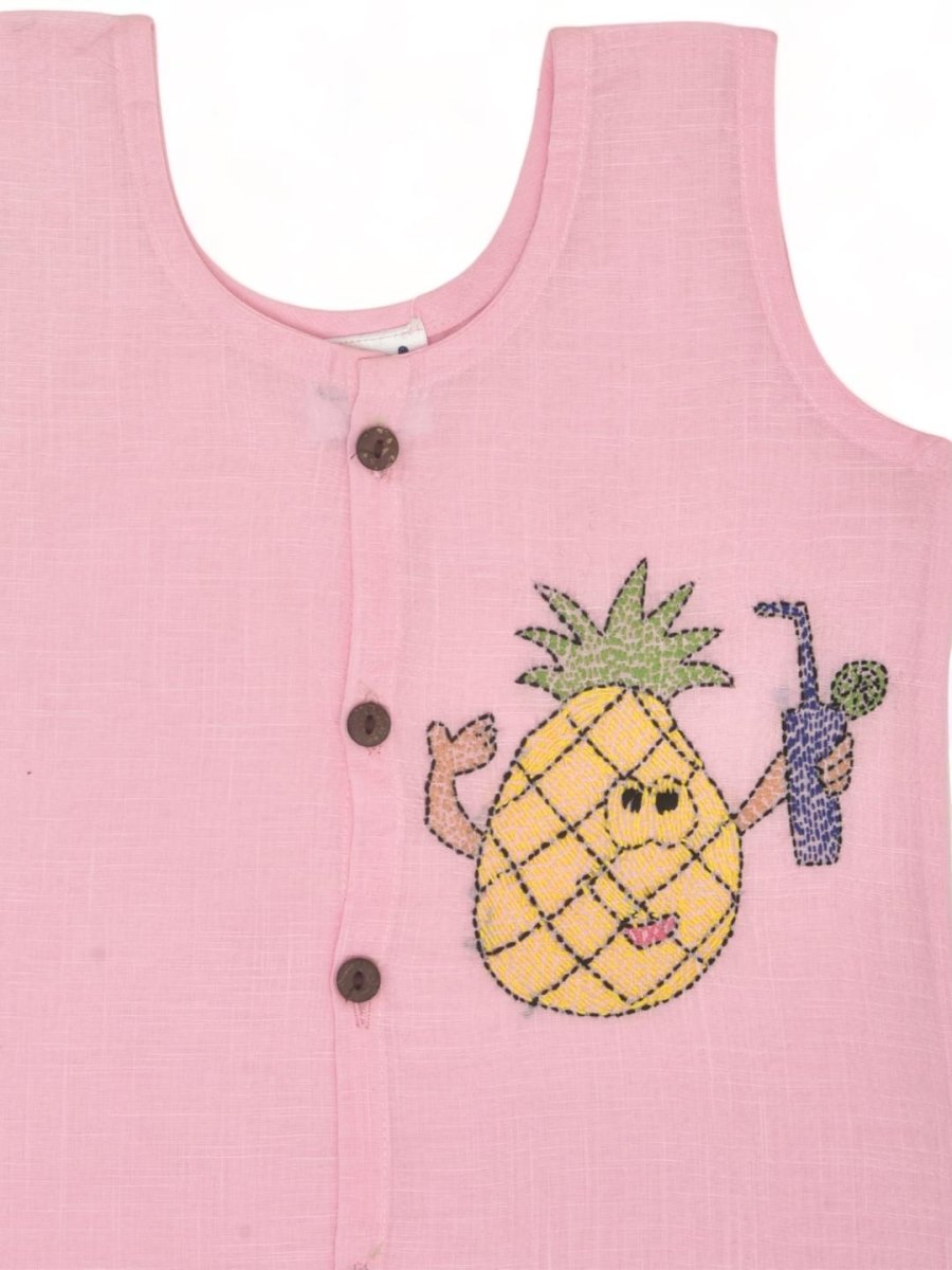 Pink Cotton Front Open Jabla - Pineapple Design Hand Embroidery | Verified Sustainable by Brown Living™