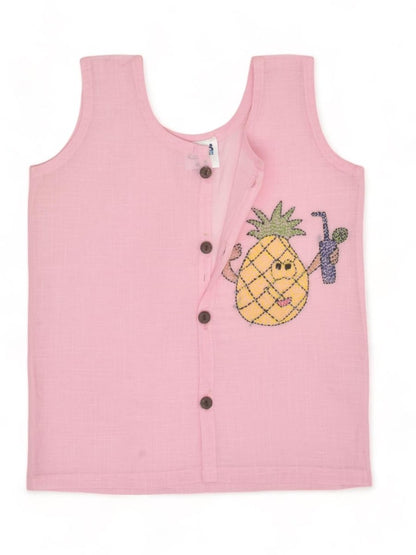 Pink Cotton Front Open Jabla - Pineapple Design Hand Embroidery | Verified Sustainable by Brown Living™