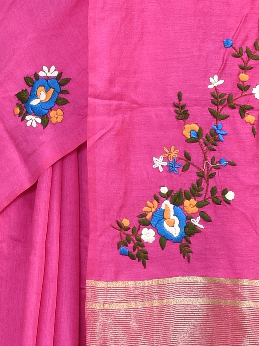 Pink Linen Saree with Floral Design Hand Embroidery | Verified Sustainable by Brown Living™