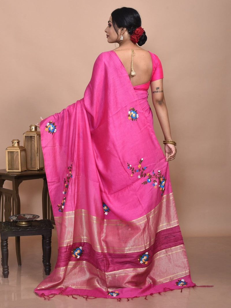 Pink Linen Saree with Floral Design Hand Embroidery | Verified Sustainable by Brown Living™