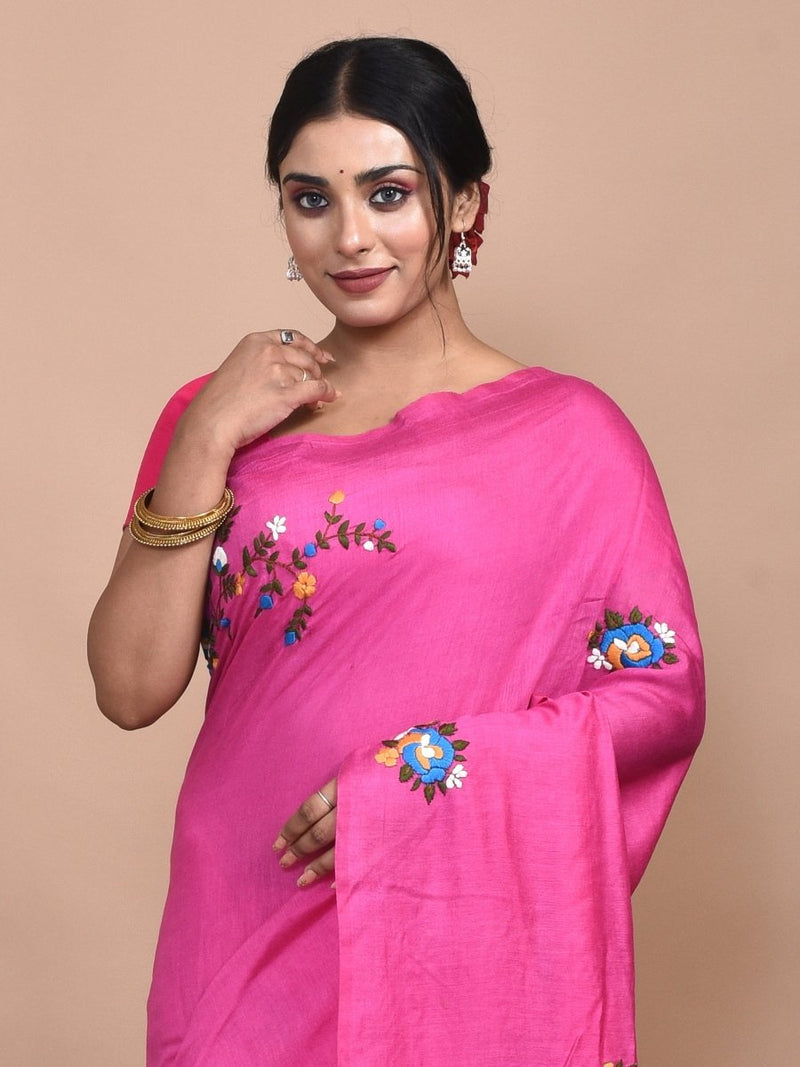 Pink Linen Saree with Floral Design Hand Embroidery | Verified Sustainable by Brown Living™