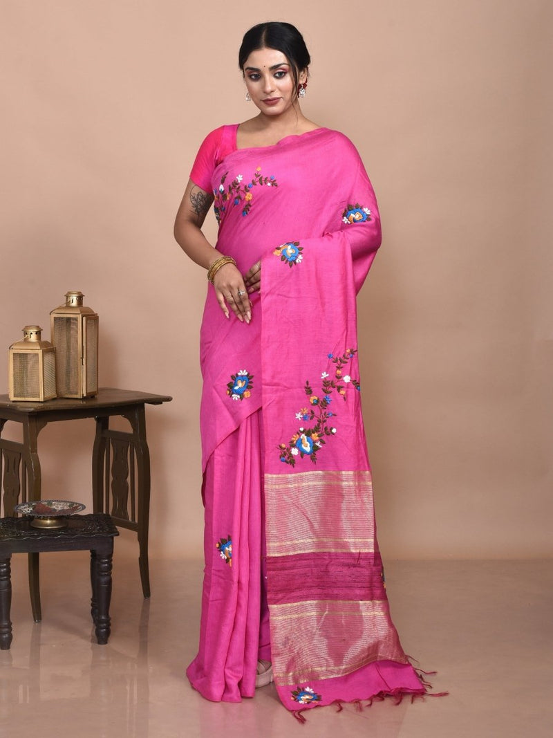 Pink Linen Saree with Floral Design Hand Embroidery | Verified Sustainable by Brown Living™