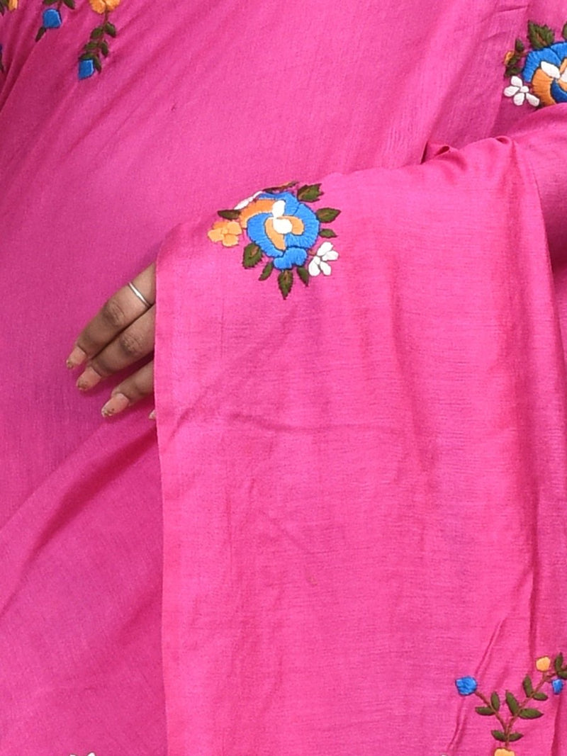 Pink Linen Saree with Floral Design Hand Embroidery | Verified Sustainable by Brown Living™