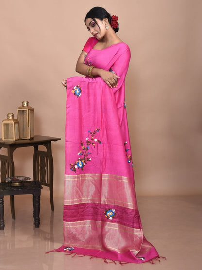 Pink Linen Saree with Floral Design Hand Embroidery | Verified Sustainable by Brown Living™